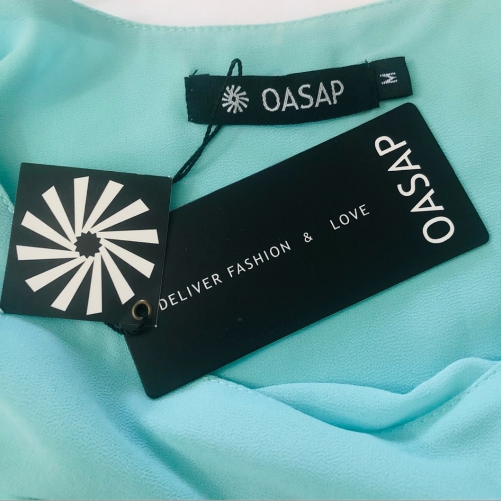 OASAP Flowy Ruffle Waterfall Dress Drawstring Waist Aqua Blue NWT Size M - Picture 3 of 11